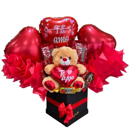 Box peluche oso te amo globos y chocolates